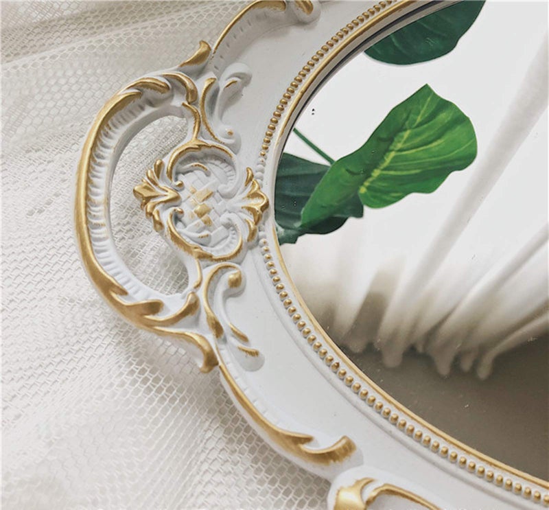 Schonee Oval Vintage Decorative Mirror Tray, Jewelry Cosmetics Makeup Dresser Storage Organizer Tray, Serving Tray (9.8â€x 14.6â€) White - Image 4